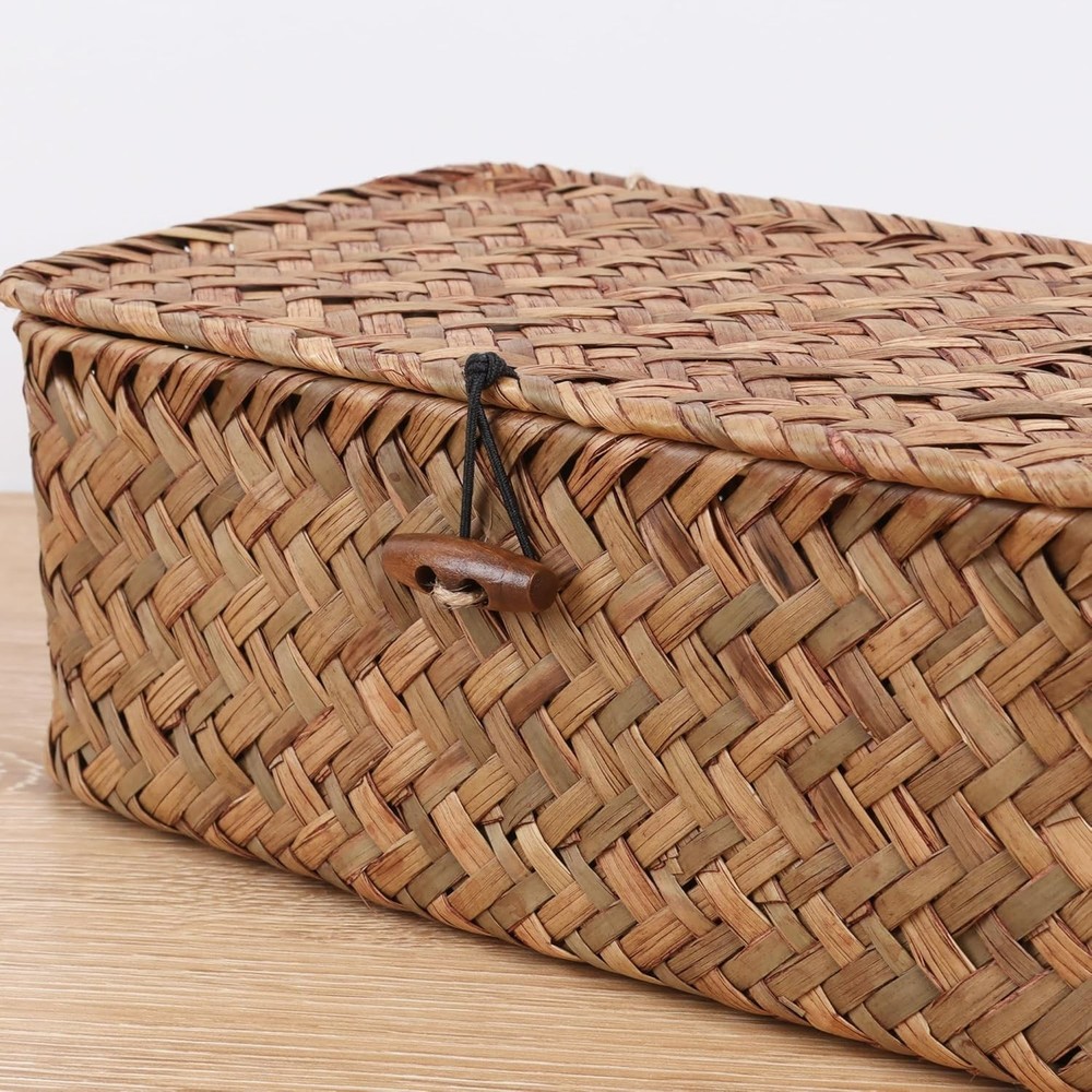 FEIALNDUO Wicker Shelf Baskets with Lid,Seagrass Storage Basket Bins Rectangular