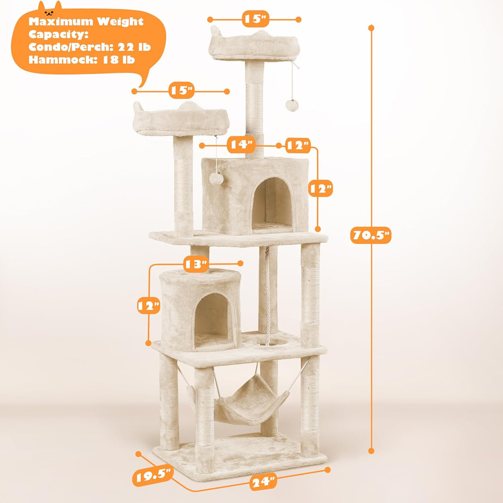 70.5" Cat Tower with Condo & Padded Perches - Multi-Level Climbing Tree