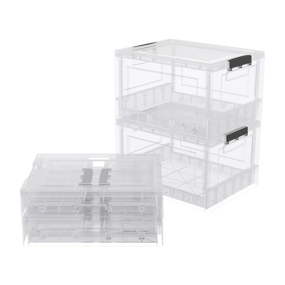 4 Packs Clear Stackable Folding Bins with Lids Collapsible Plastic Storage Cube