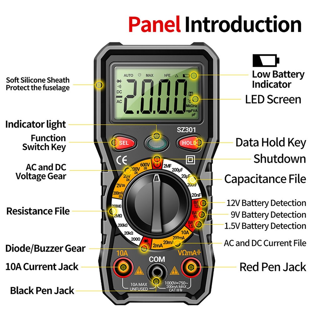 Versatile Digital Multimeter w Test Leads Measures Volt Amp Ohm Capacitance