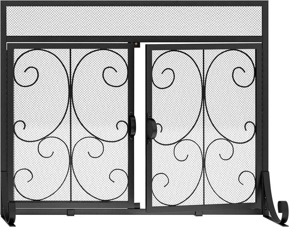 Flat Fireplace Screen with Doors, Wrought Iron Frame with Metal Mesh, Flat Panel