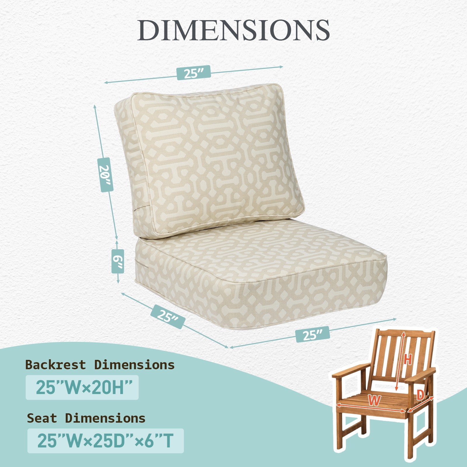 Sunbrella Fabric Outdoor Patio Deep Seat Cushions Set with Pocket Springs & Ties