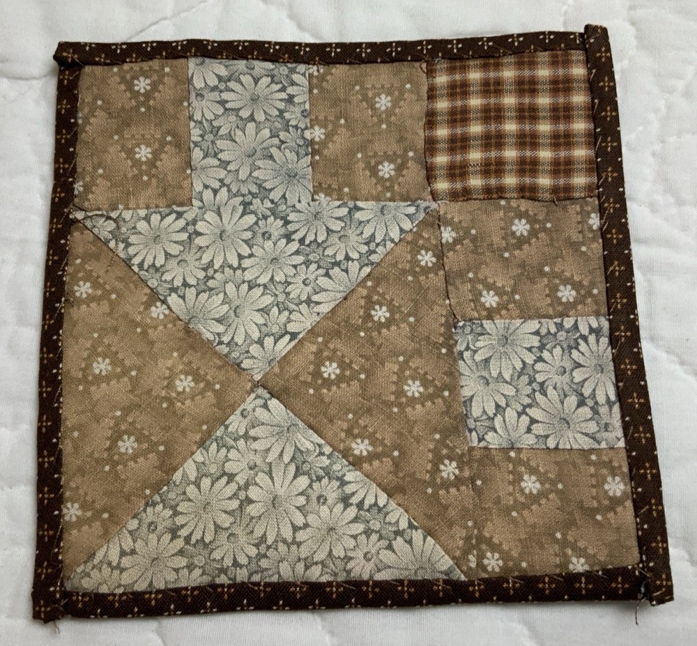Antique Patchwork Quilt Table Topper, Early Calico Prints, Triangles, Brown