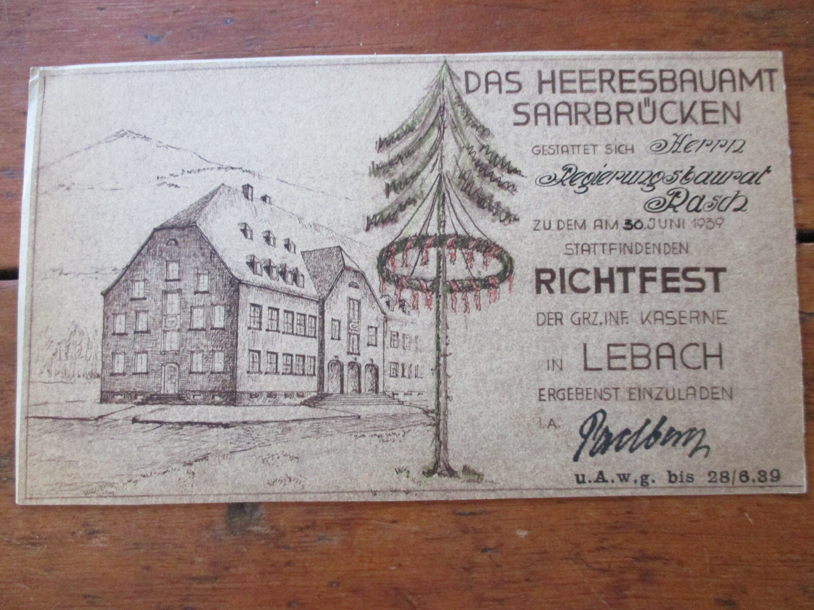 RARE 1939 invite ARMY CAMP BARRACKS LEBACH GERMANY TOPPING OUT ceremony WWII SS?