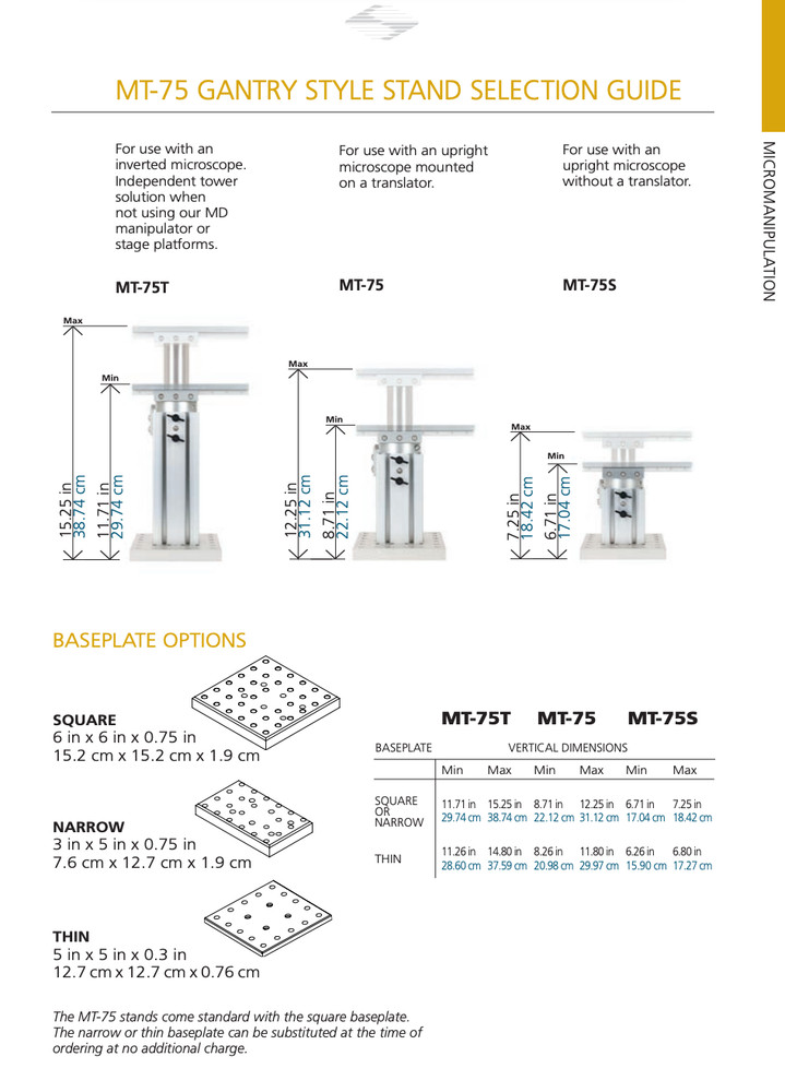 (2) Sutter Instruments MT-75 Gantry Stand with MT-150 Chamber Column
