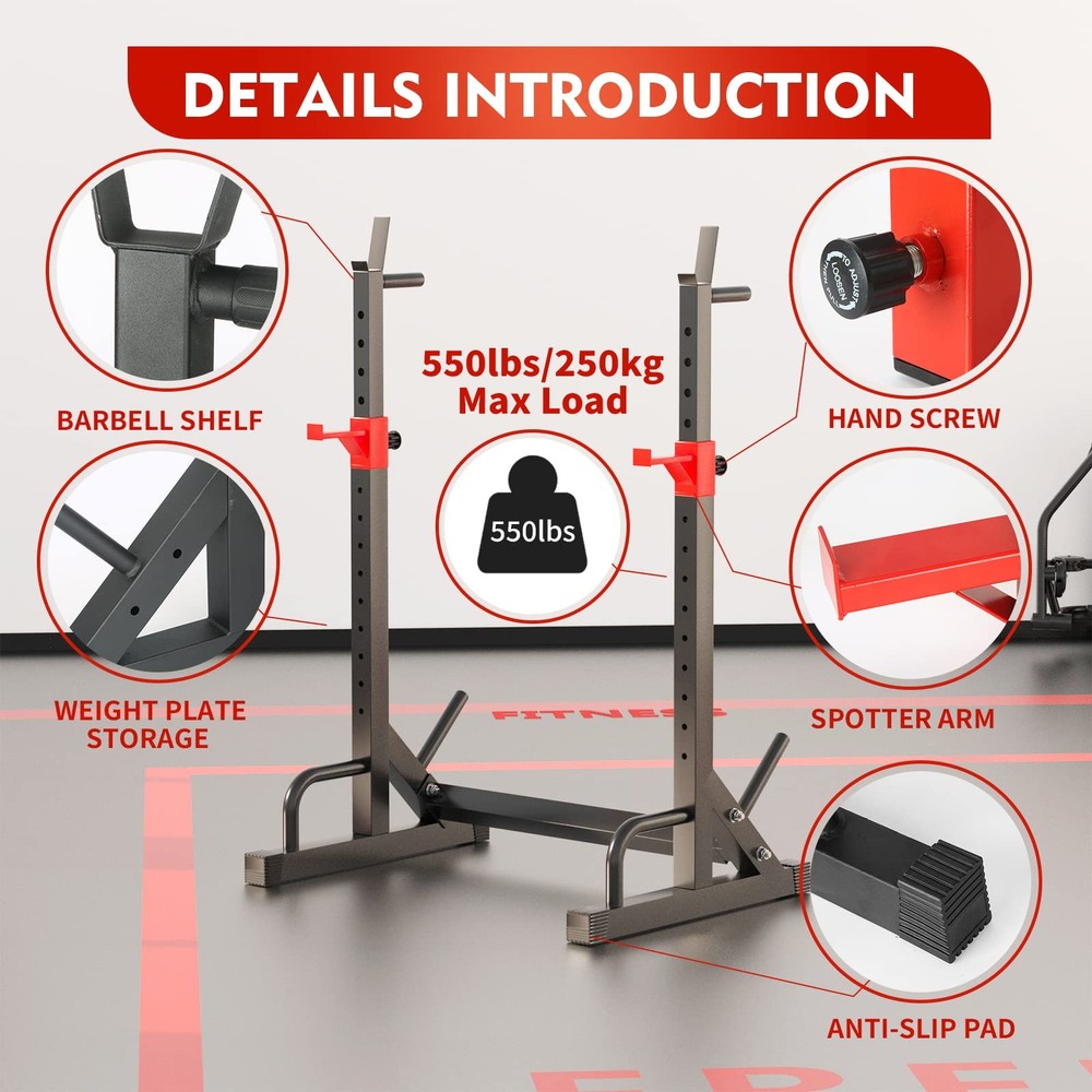 Squat Rack, Barbell Rack, Bench Press 550 LBS Max Load Adjustable Squat Rack