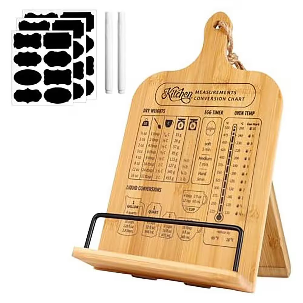 Bamboo Adjustable Recipe Stand Organizer with Conversion Chart Non-Slip Counter