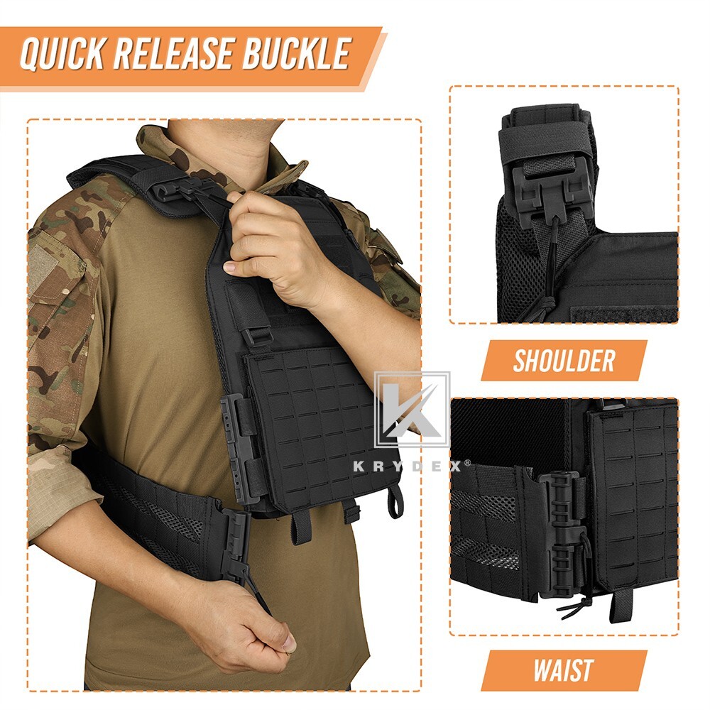 KRYDEX Plate Carrier Tactical Vest Quick Release & Laser Cut MOLLE Panel Black