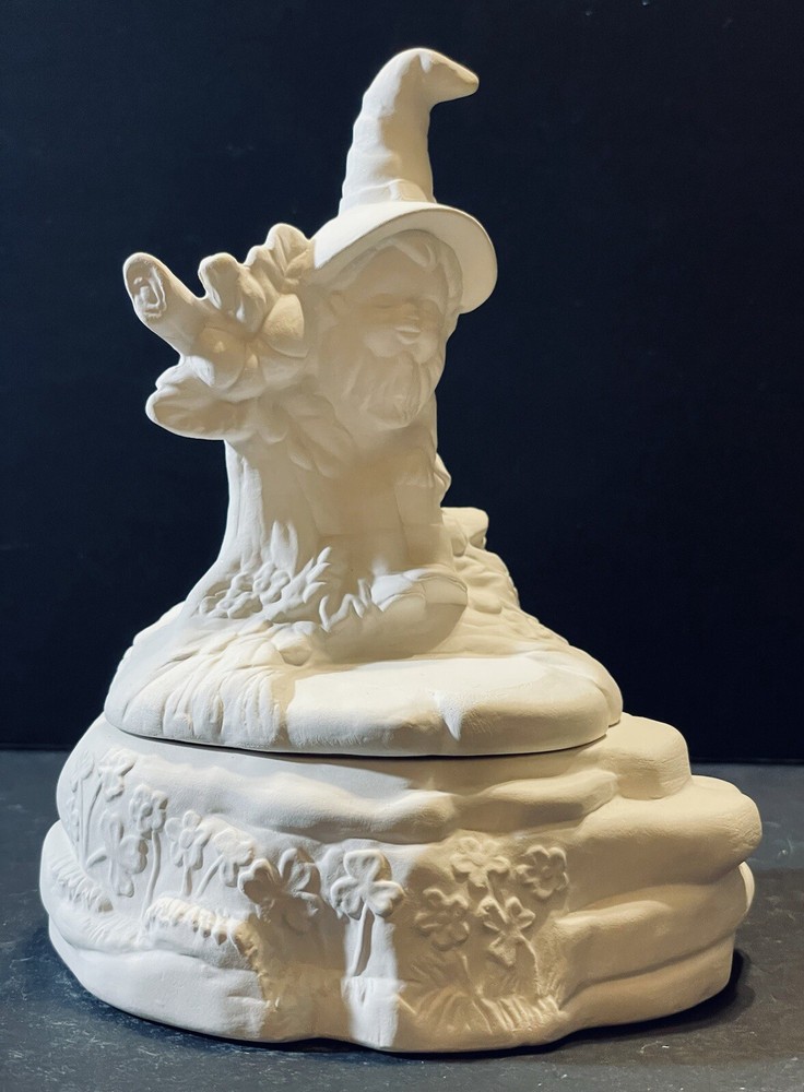 CERAMIC BISQUE READY TO PAINT LEPRECHAUN BOX DISH GLAZED INSIDE CONTAINER 7" H