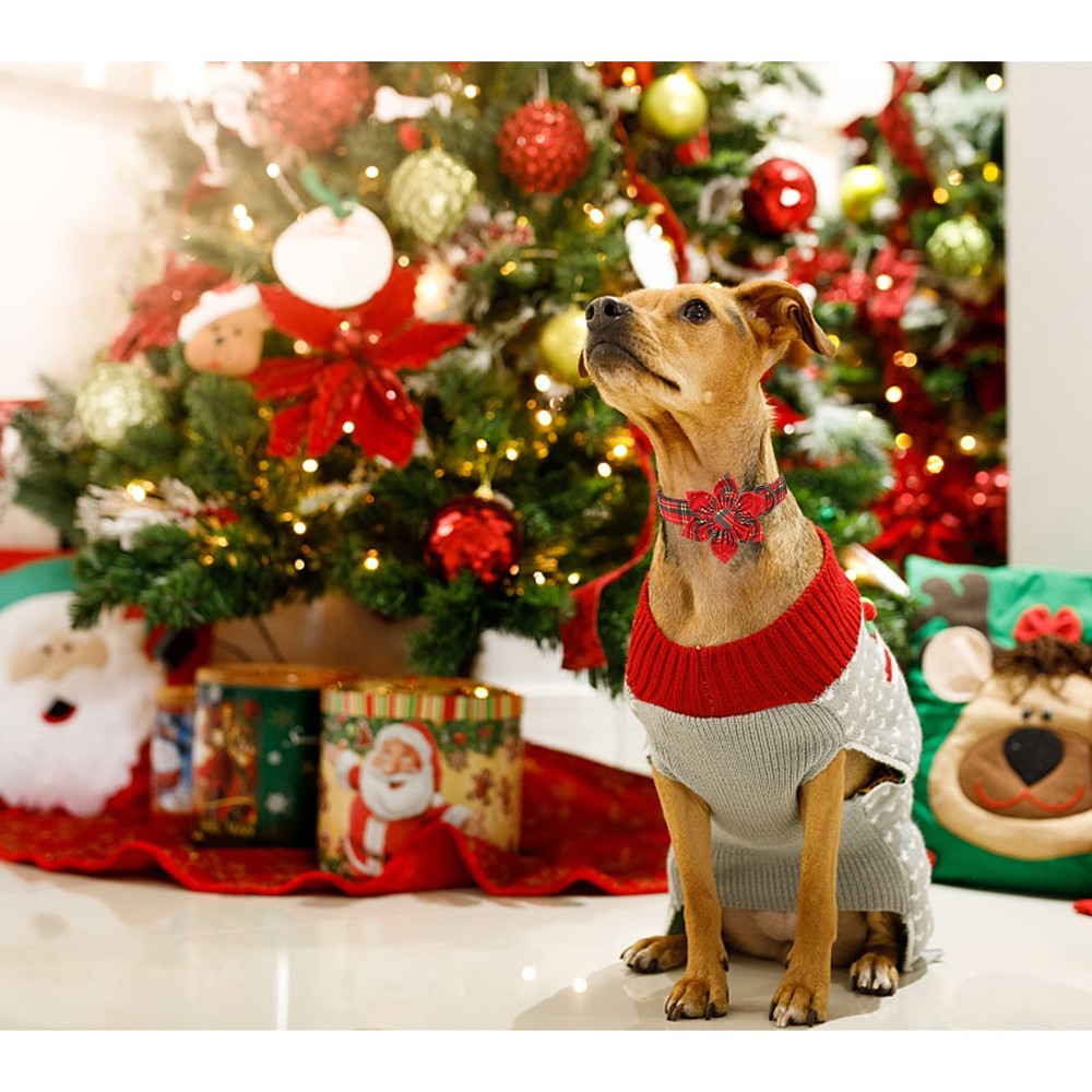 Christmas Dog Collar Flower Plaid Pattern Adjustable Medium Dogs
