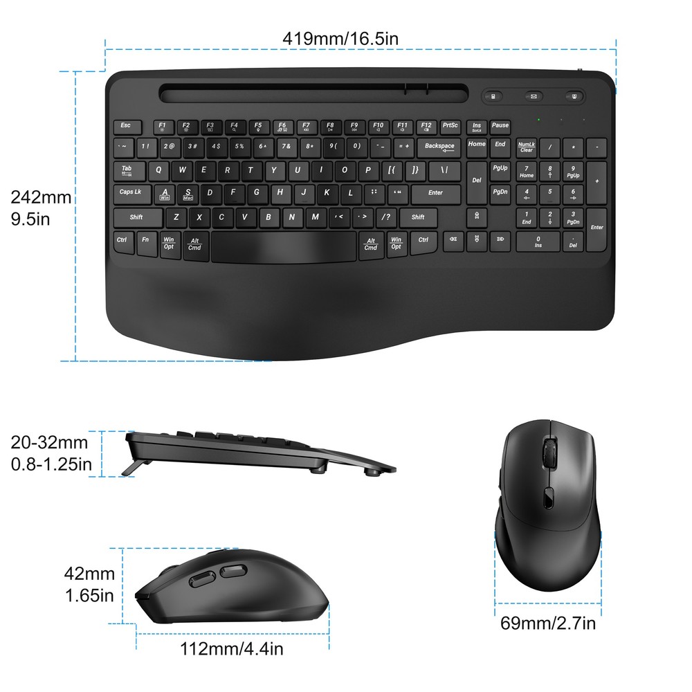 Wireless Keyboard and Mouse Quiet Combo USB Ergonomic Full-Sized Rechargable