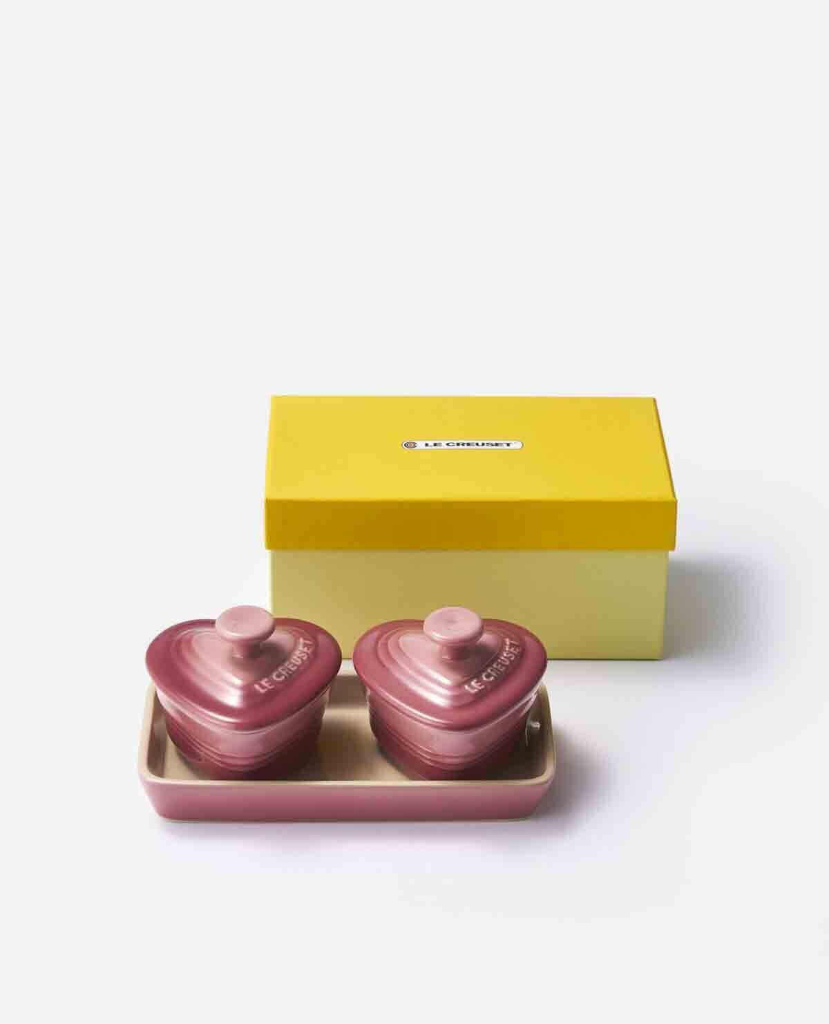 Le Creuset Miniature Ramekin D'Amour SET Tray Heart Rose Quartz stoneware NIB
