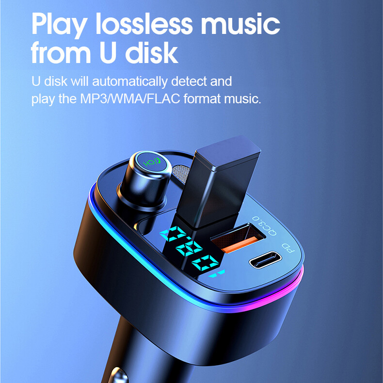 Car Bluetooth FM Transmitter Radio MP3 Adapter Kit USB C Fast Charger hands free
