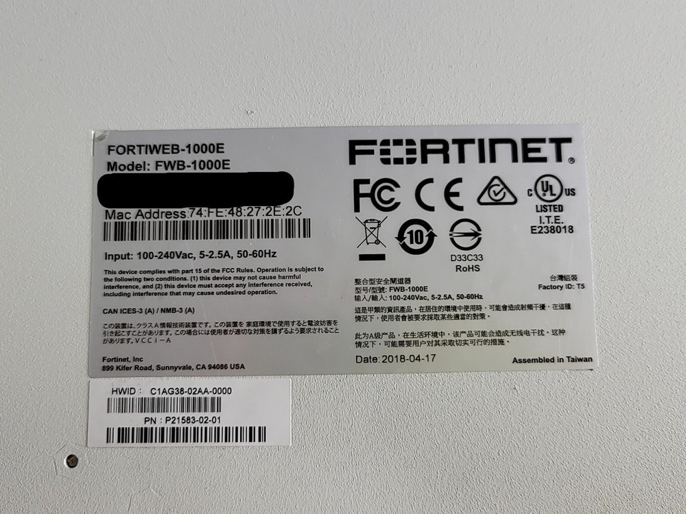 FORTINET FORTIWEB 1000E FWB-1000E Network Security Firewall SEE NOTES