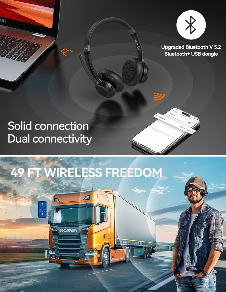 TECKNET Wireless Headset with USB Dongle, Bluetooth Headset with Noise Cancellin