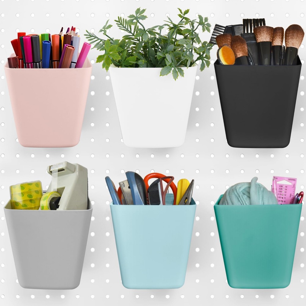 G.CORE Large Pegboard Cups Peg Board Storage Bin 6 Pack with Hooks, Mixed