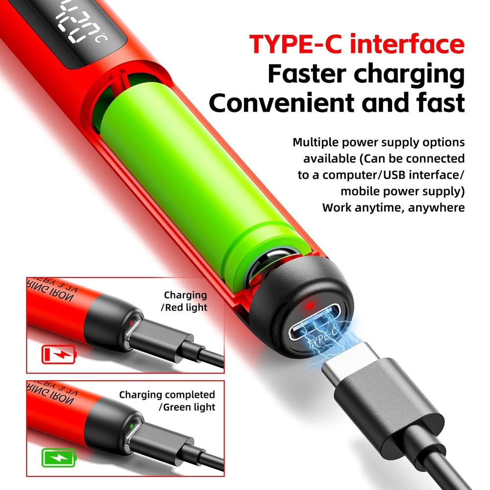 Cordless USB Rechargeable Portable Soldering Iron, Digital adjustable Red