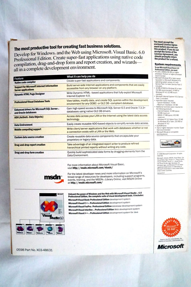 Microsoft Visual Basic Professional 6.0 PRO 6 BOX 4 Windows 7 10 11 203-00768 #4