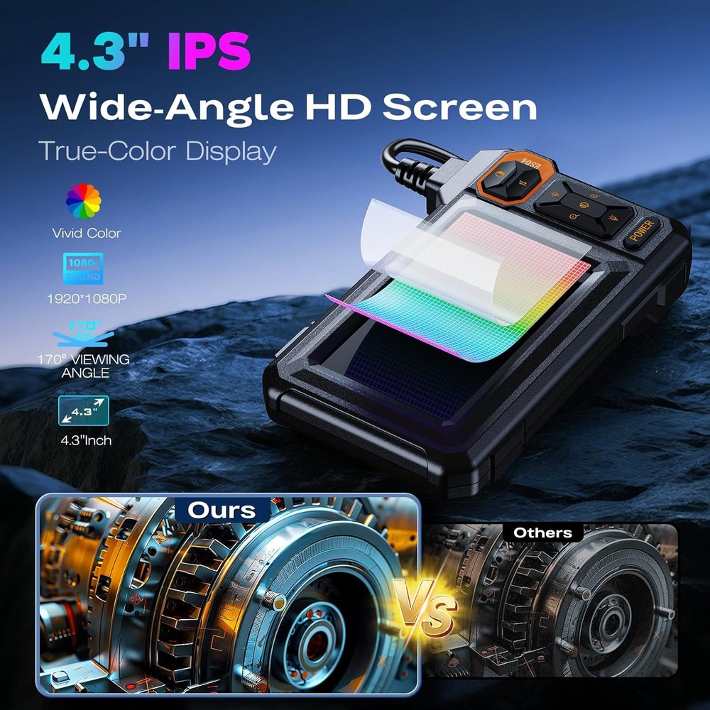 Endoscope Camera with Light, Borescope Camera with 4.3" IPS Screen, IP67
