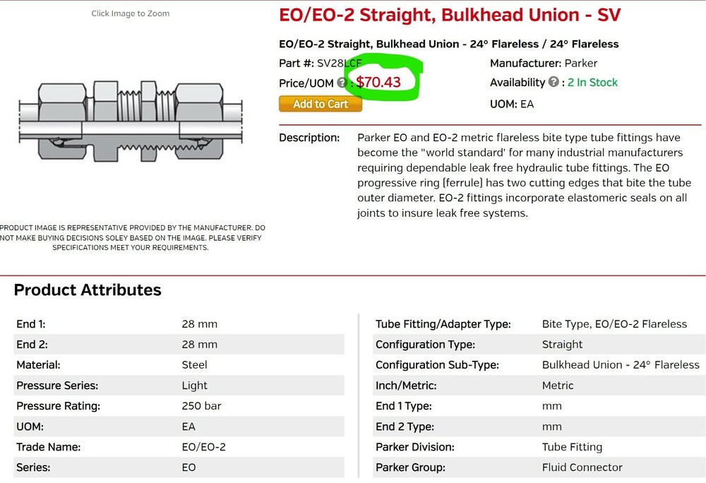 PARKER EO/EO-2 STRAIGHT BULKHEAD-UNION SV28LCF [OF32]
