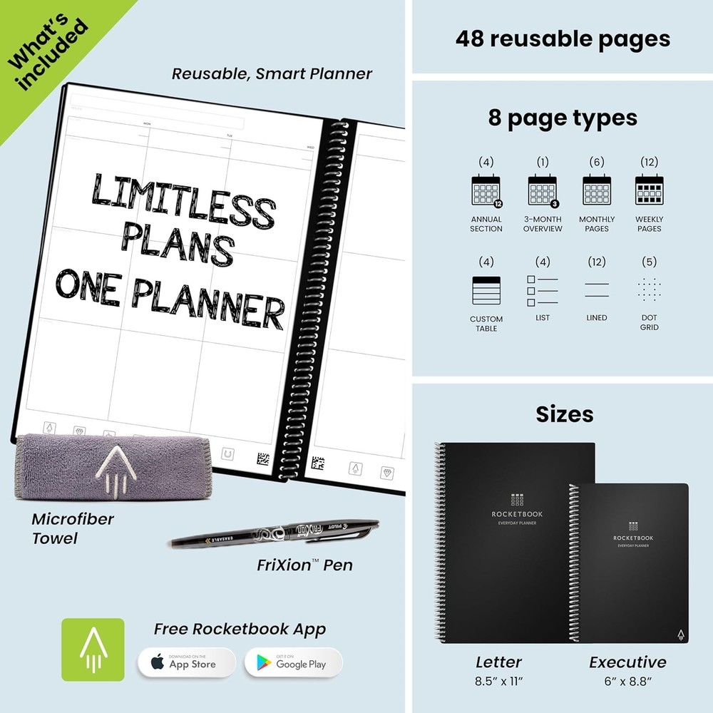 Rocketbook Everyday Planner Smart Reusable, Letter Size, Maroon - NEW