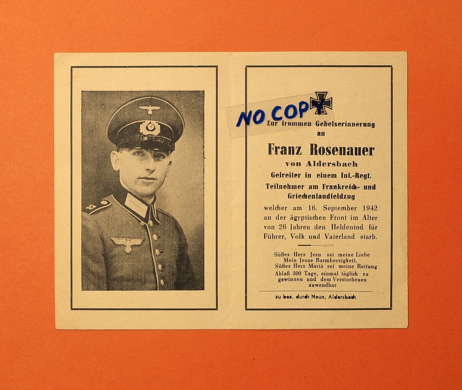 WW2 German Death Card ~ Infantry Regt Sept 1942 Egyptian Front [Africa]