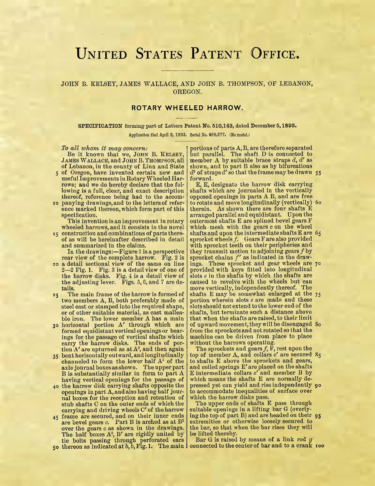 Display Art Print US PATENT for ROTARY WHEELED HARROW Farm Equipment Kelsey 1893