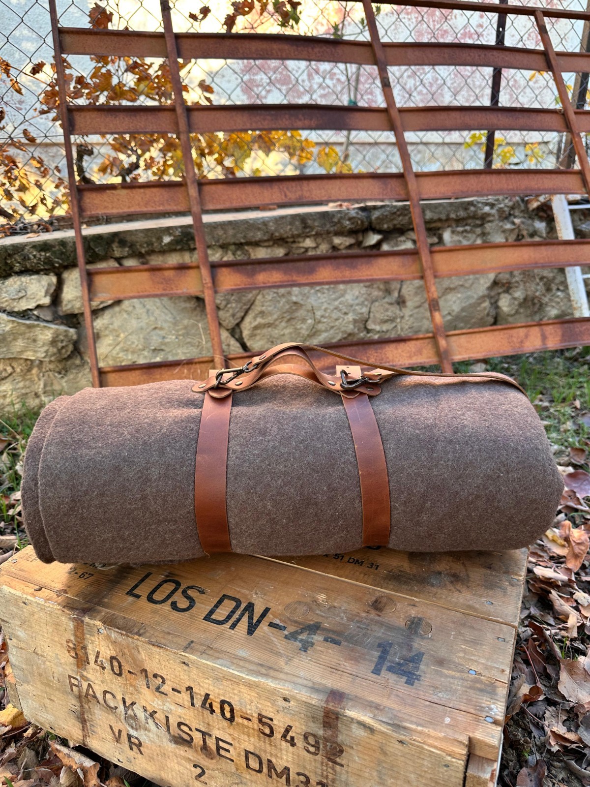 Bushcraft Wool Blanket with Handmade Leather Strap, Natural Blanket For Outdoor