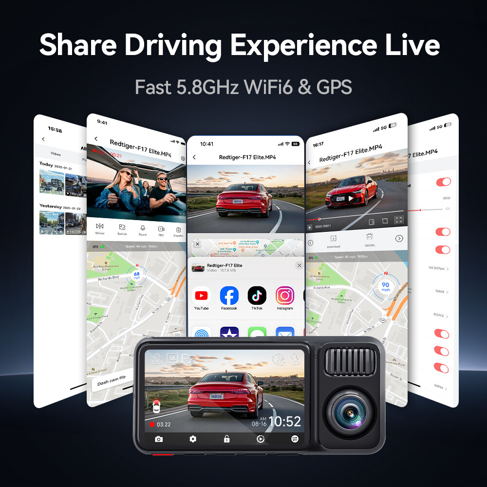 REDTIGER F17Elite 3 Channel 4K+2.5K+1080P Front Rear Inside 128GB Car Dash Cam