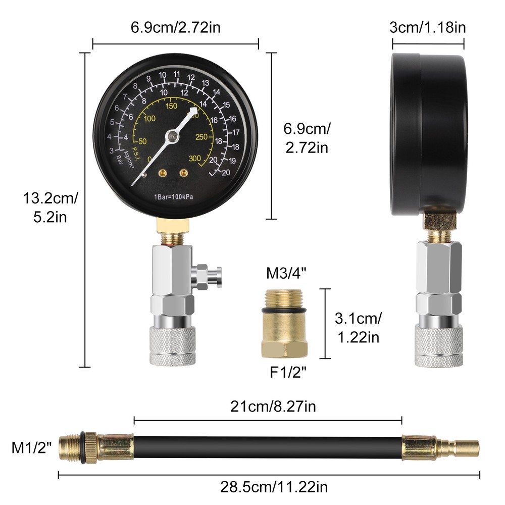 Engine Compression Tester Testing Gauge Gage Check Test Tool Kit with Hose 20bar