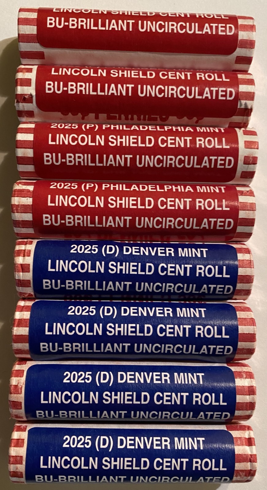 2025 (BU) UNCIRCULATED P & D MINT LINCOLN CENT ROLLS SET OF 8 (400 COINS)