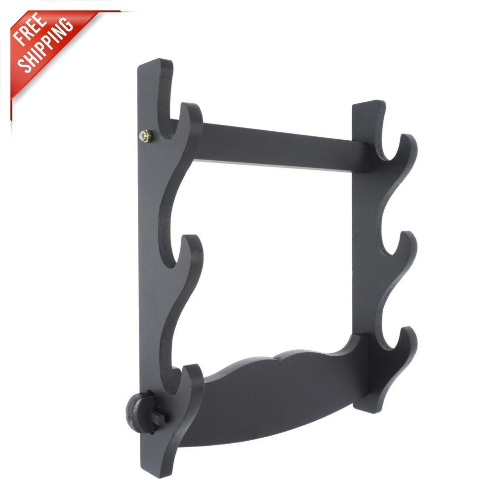 Sturdy Black Wood Samurai Sword Display Stand - 3 Layer Wall Mount Rack