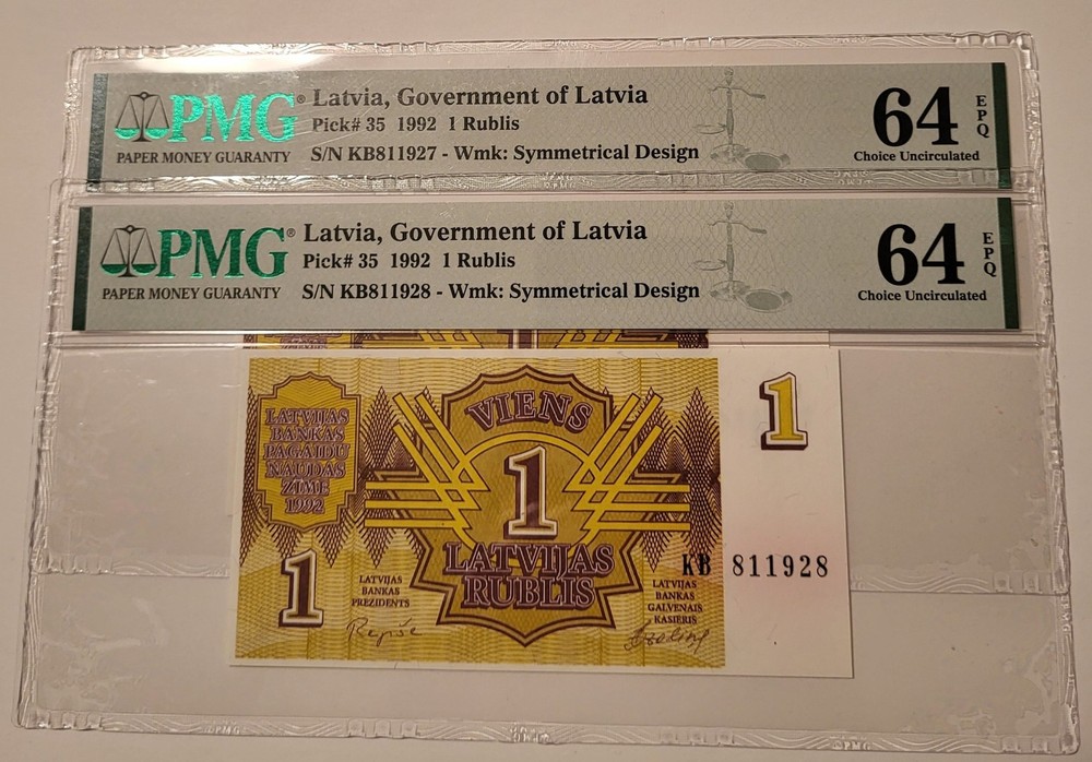 Two (2) Latvia 1992 1 Rublis Notes Choice Unc 64 EPQ PMG Consecutive Serials