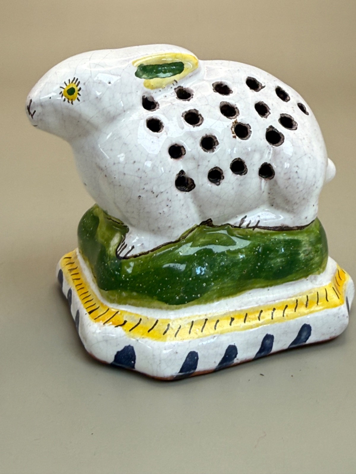 From Portugal Vintage Ceramic Pomander Potpourri White Bunny Rabbit signed H. J.