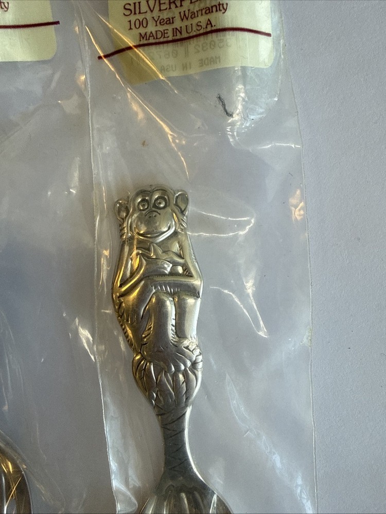 Reed & Barton Safari PARROT & MONKEY Silverplated BABY Spoon & Fork 2 Pc Set