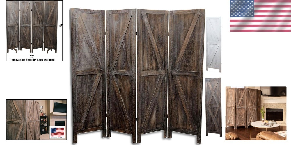 4-Panel Folding Privacy Screen - Rustic Barn Door Style, Portable Design