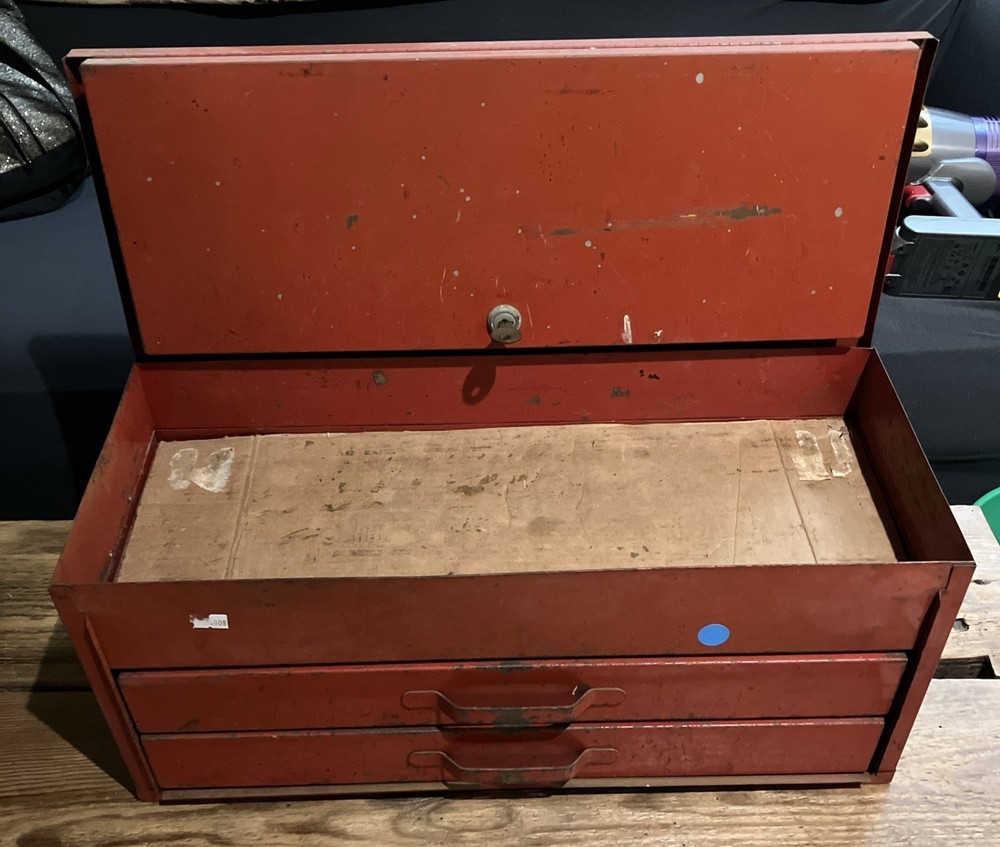 Red Metal Vintage Locking  Tool Box With Key