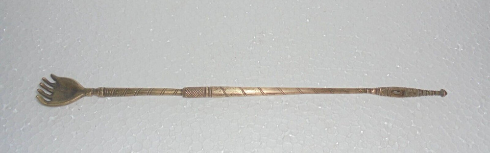 Vintage Brass Engraved Fine Quality Handshape Mirror Fitted Back Scratcher