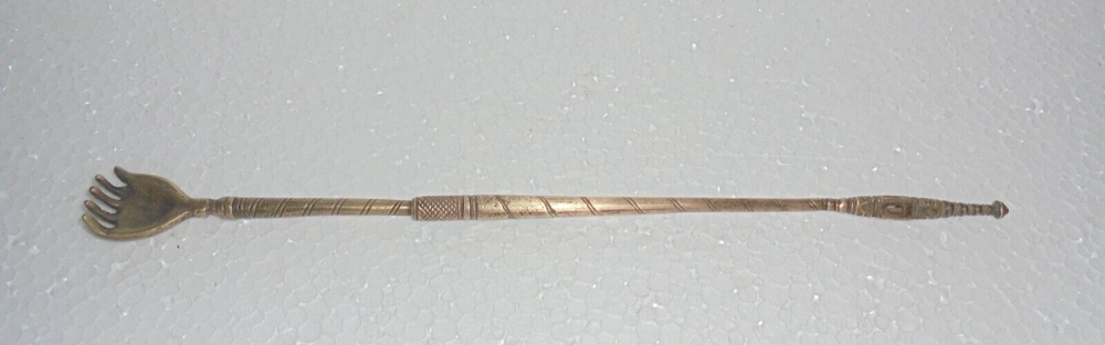 Vintage Brass Engraved Fine Quality Handshape Mirror Fitted Back Scratcher