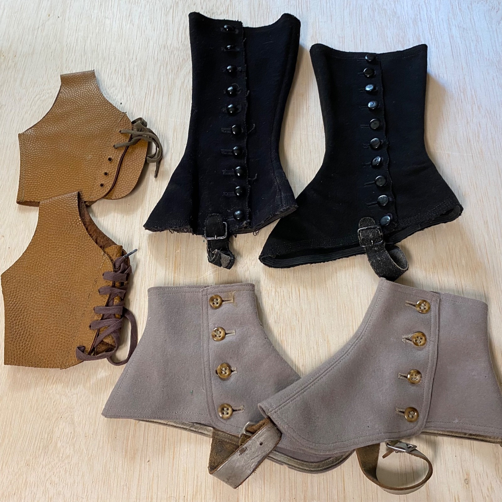 3 Sets Of Vintage Antique Boot Spats • Victorian Style • Wool • Leather • Gaiter