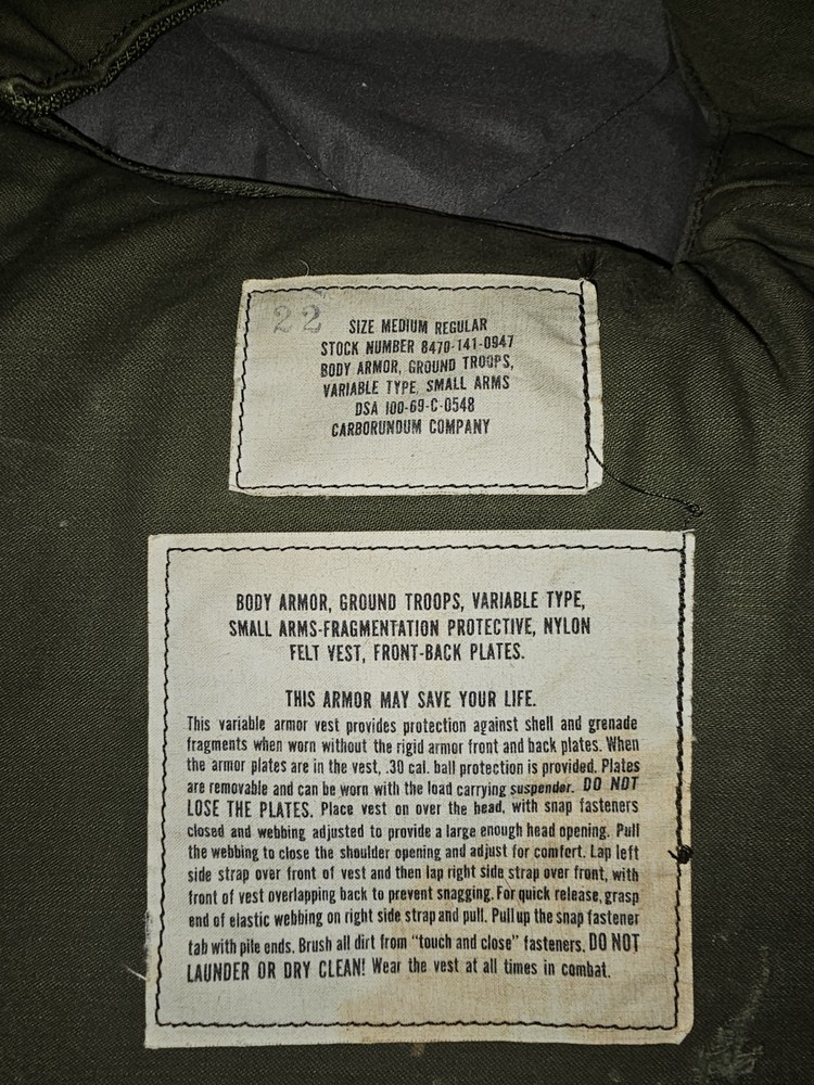 Vietnam War Variable Body Armor w/ inserts Med Regular