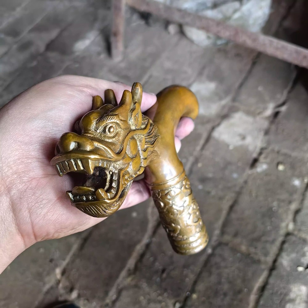 Solid Brass Chinese Dragon Head Statue Walking Stick Cane Handle Top Topper