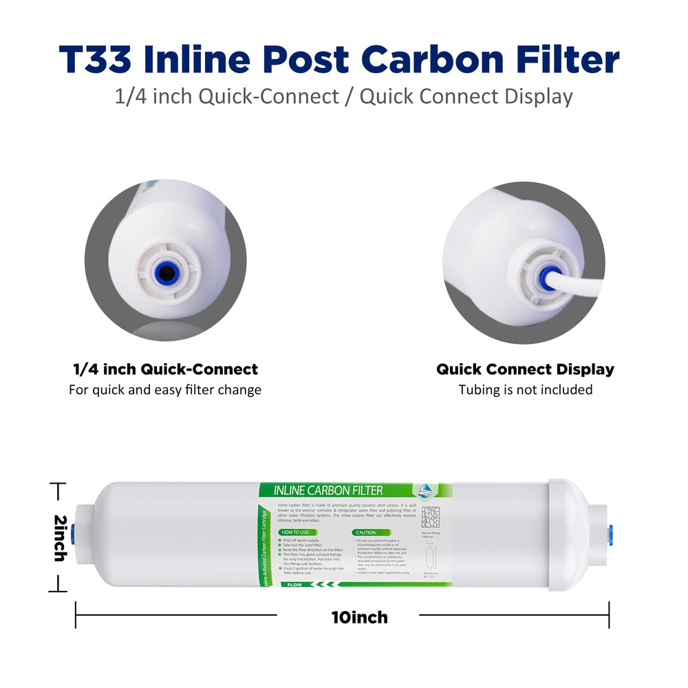 T33 Inline Post Carbon Water Filter 1/4" Quick Connect for RO System / Ice Maker