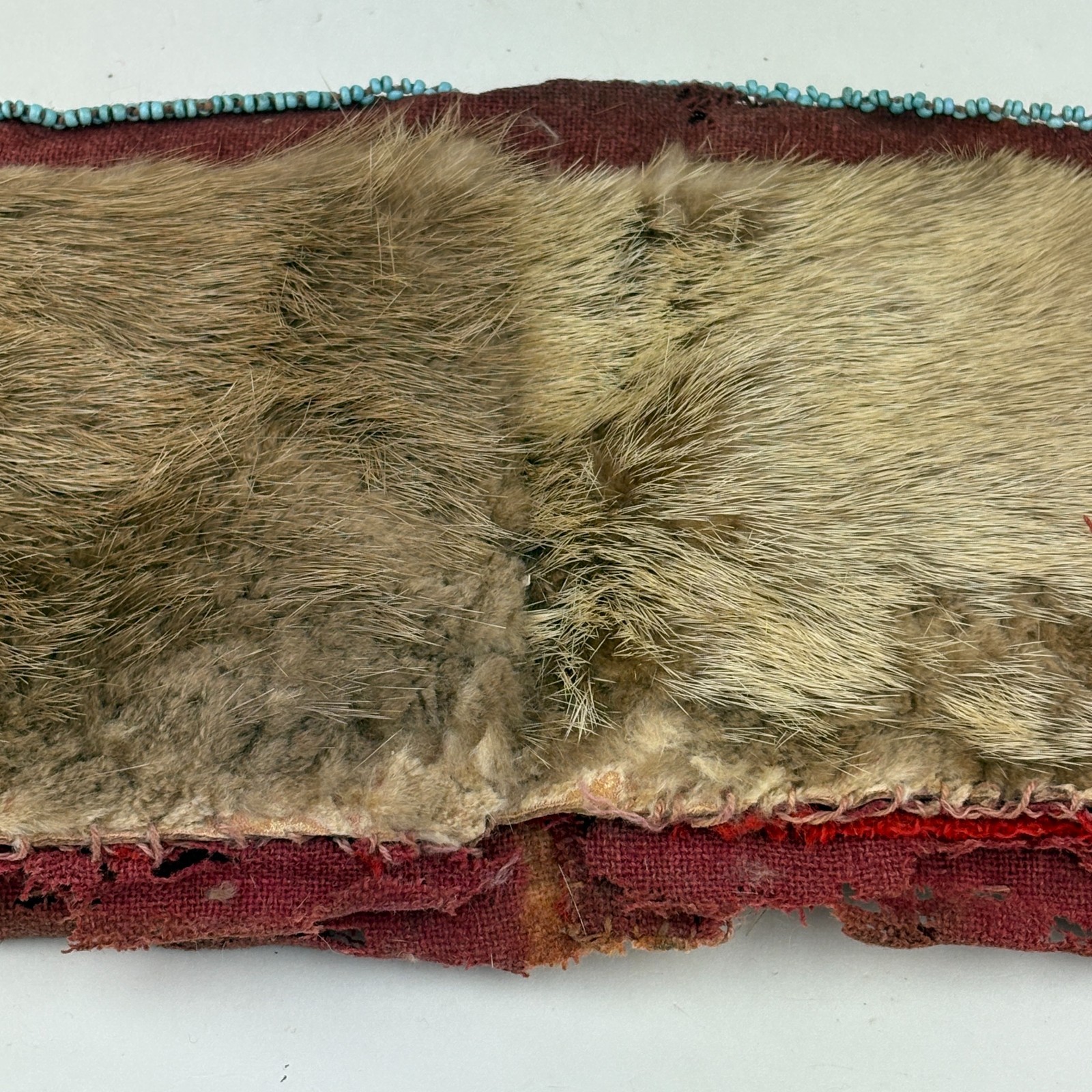 Antique Plains Indian Beaver Fur Hat Beaded Trim Trade Wool Lining Silver 1880s