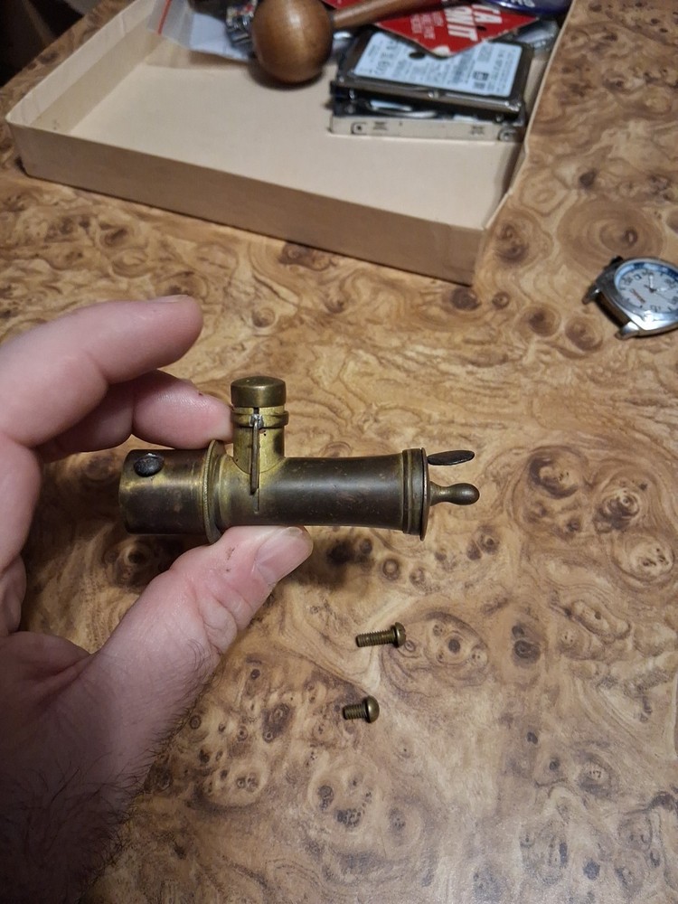 RARE SOLID BRASS BLACK POWDER FLASK SPOUT MUZZLELOADING ANTIQUE? EXTRA SCREWS