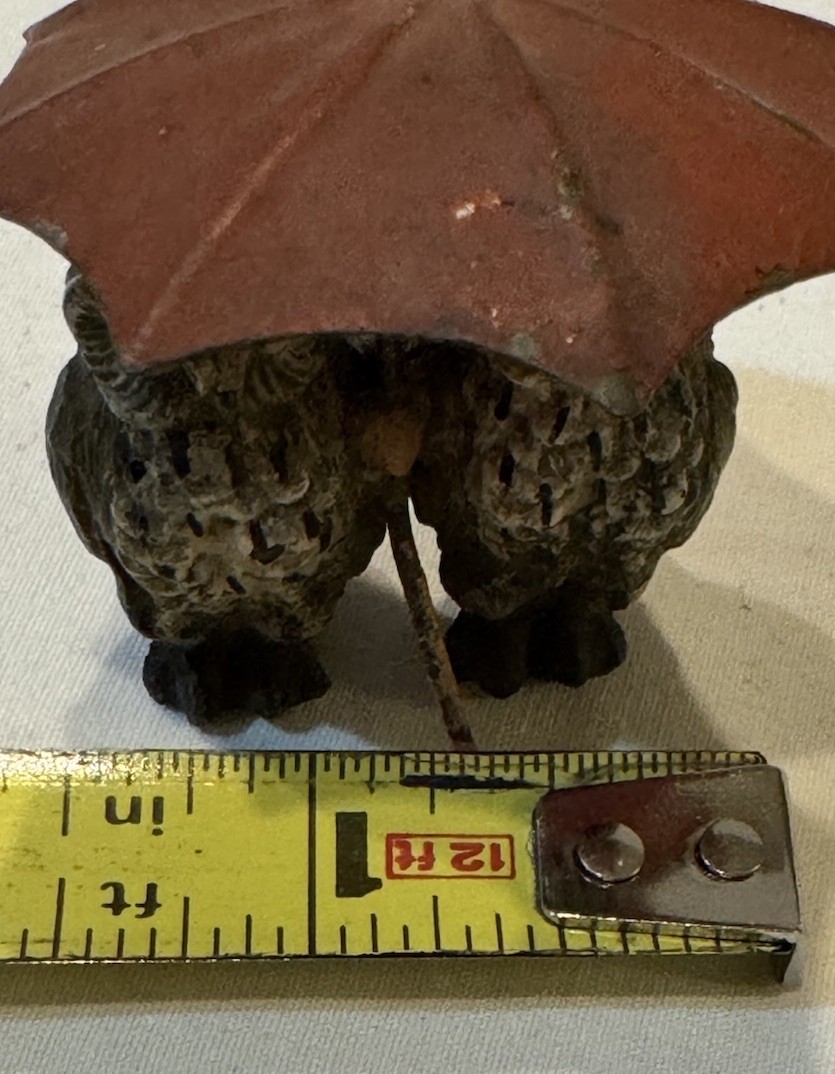 Antique Austrian Bronze Pair of Owls with Red Umbrella- Hand Painted 2in