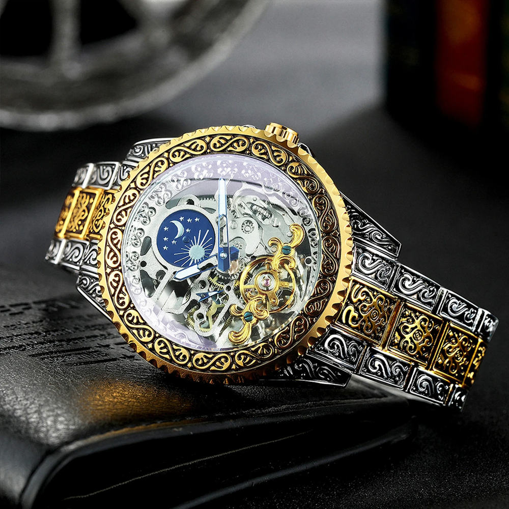 New Luxury Moon Phase Tourbillon Skeleton Engraved Mechanical Automatic Watch