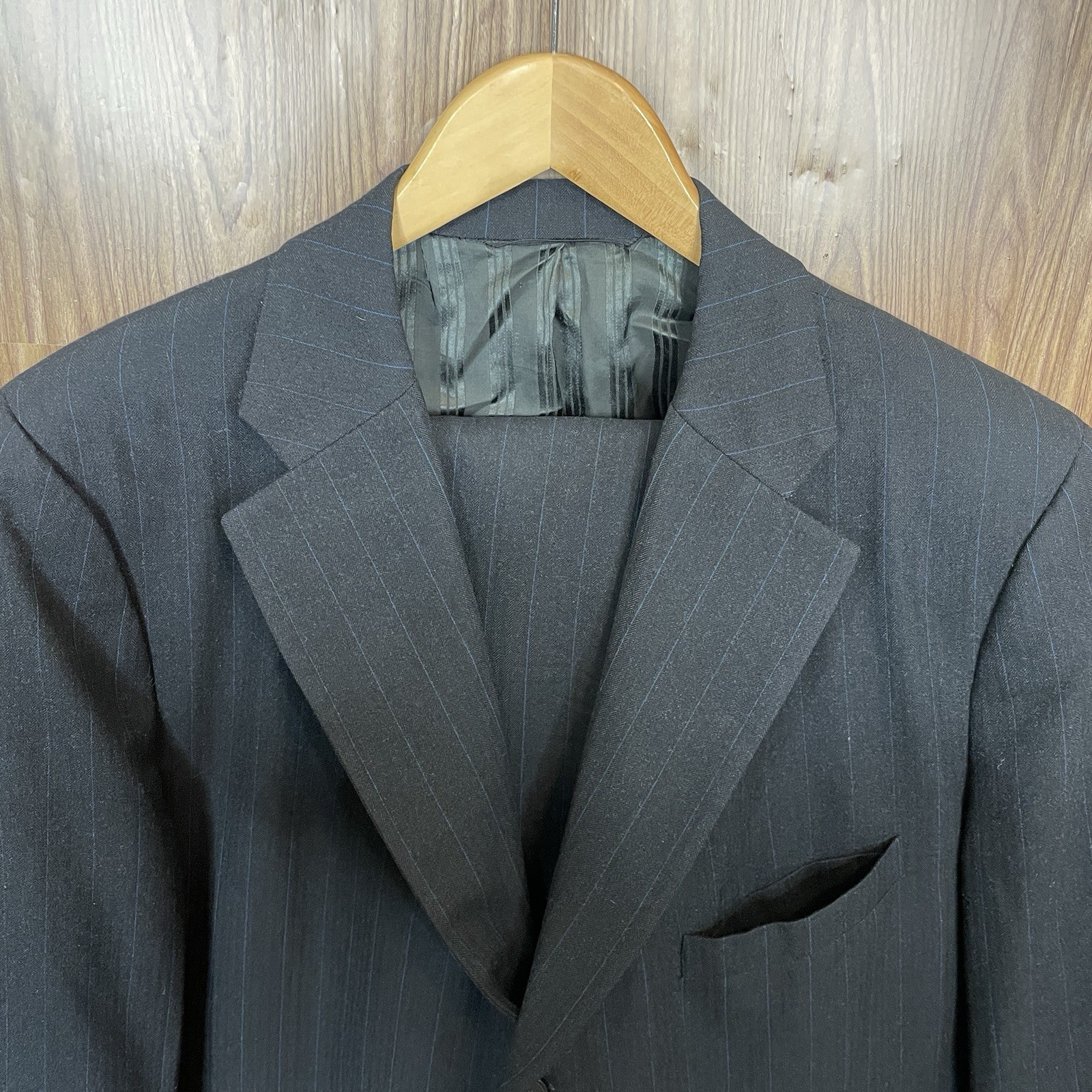 Paul Cicchini Bespoke 2 Piece Suit Mens 46XL 38x33 Black Blue Striped Wool USA