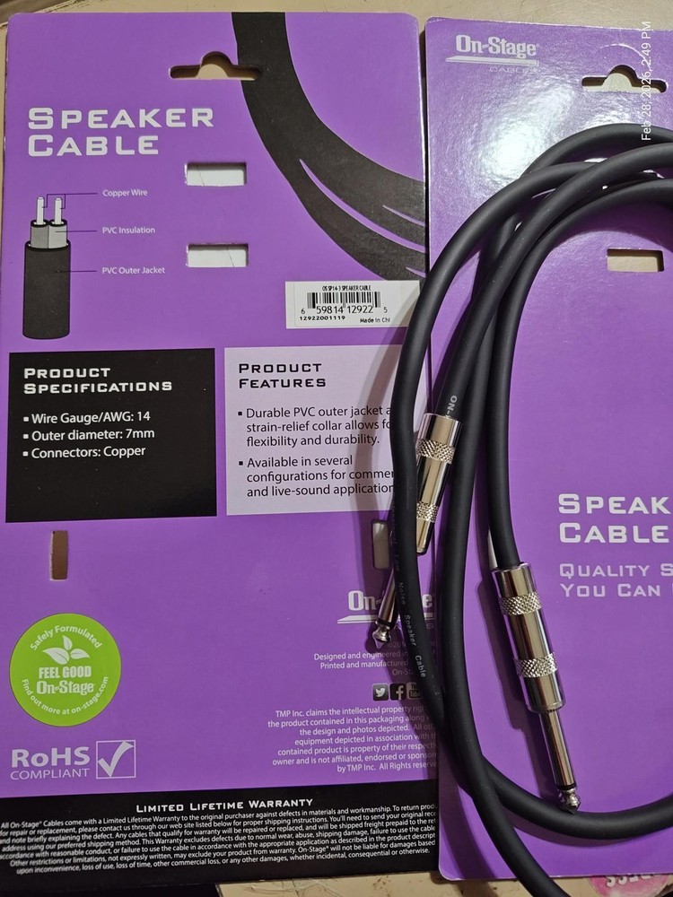 On-Stage Stands SP14-3 3' Speaker Cable 3 ft. 2 PACK