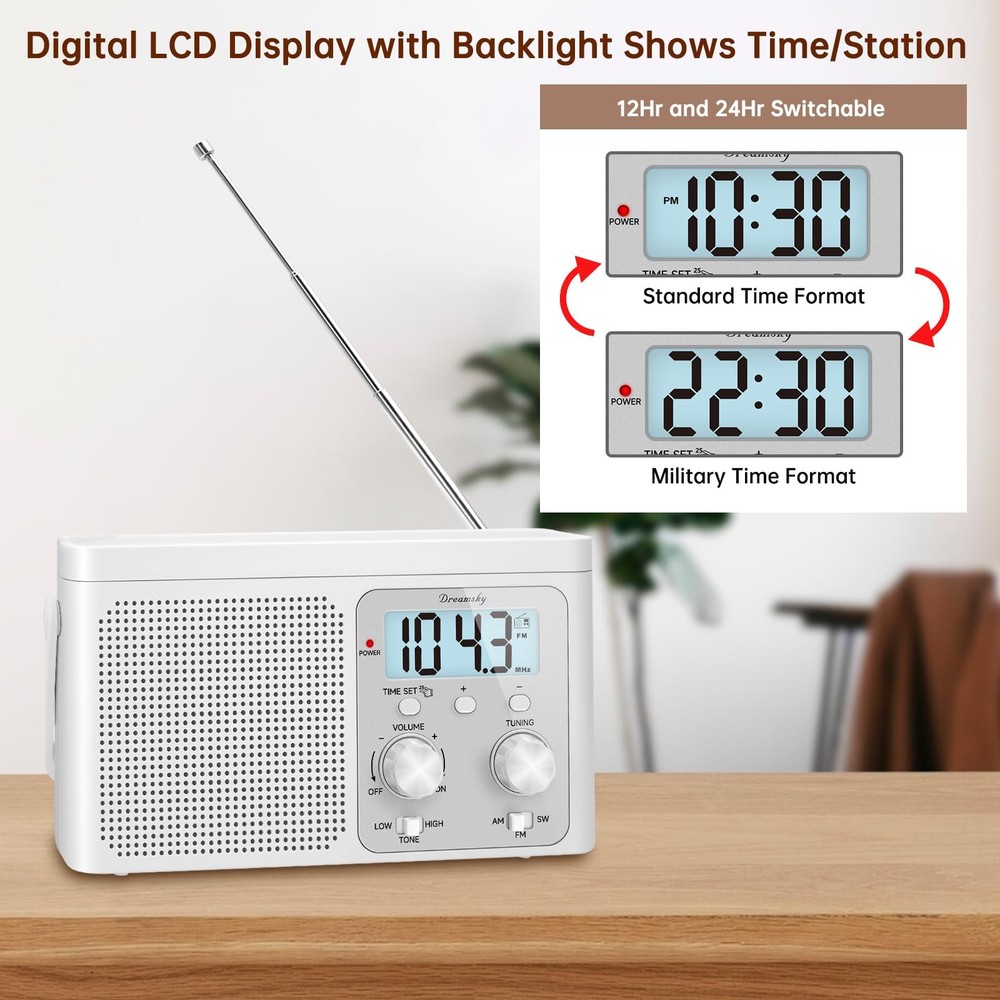 AM FM Radio Portable - Shortwave Radio Battery Powered or Plug in Wall for Ho...
